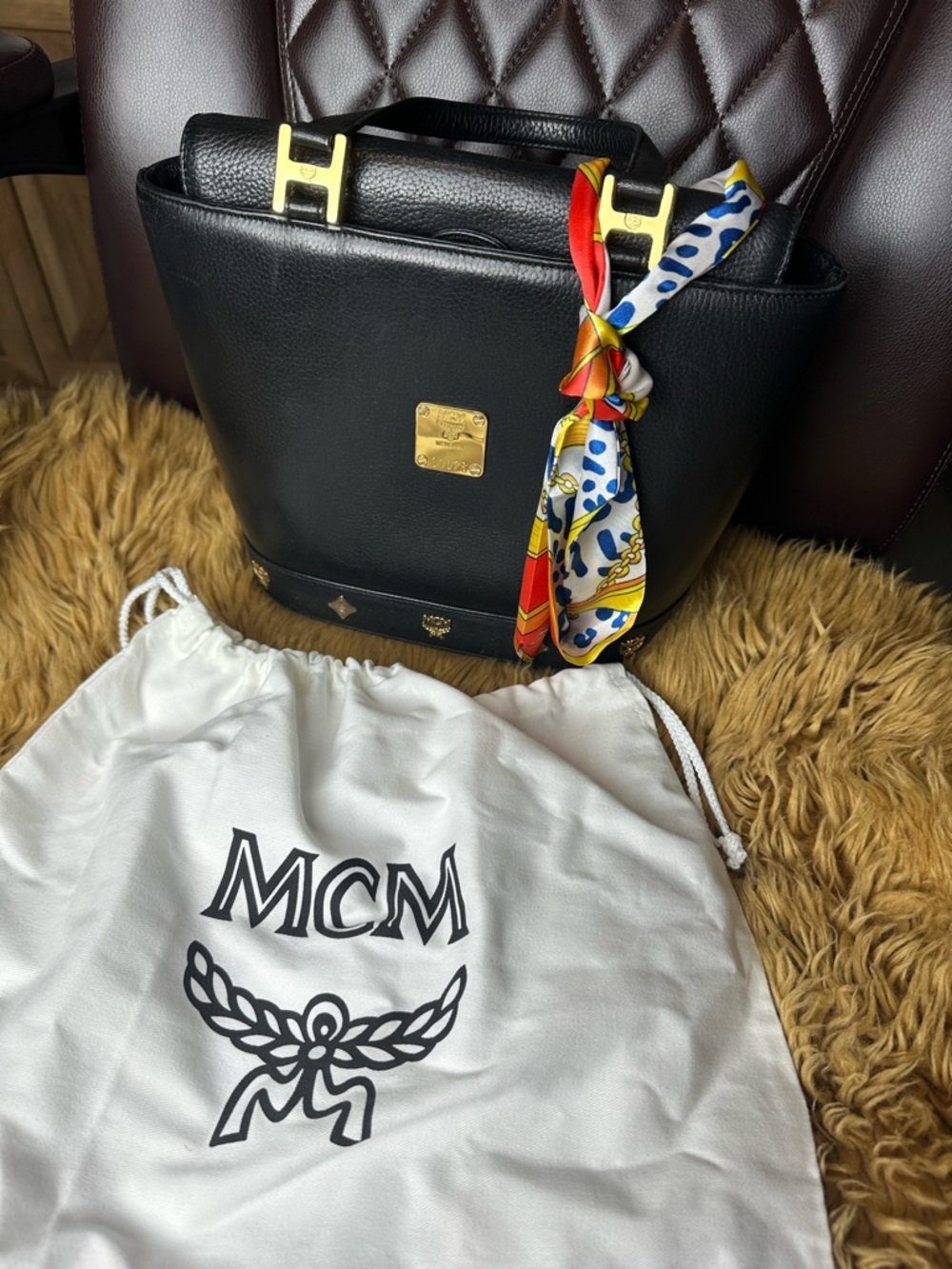MCM Black Leather Bucket Tote